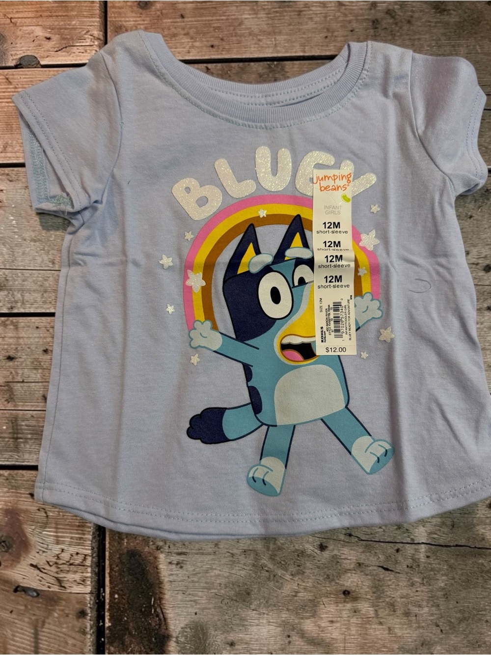 Bluey Glitter Rainbow Tee NWT 12M Infant Girls Blue Sparkle Stars Birthday